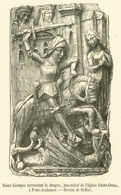 São Jorge matando o dragão, baixo-relevo da igreja de Saint-Ouen, Pont-Audemer (gravura) de French School
