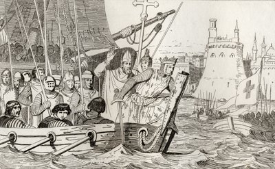 São Luís IX (1214-70) conduz suas tropas em batalha, de &39;Histoire de France&39; por Colart, publicado em 1840 de French School
