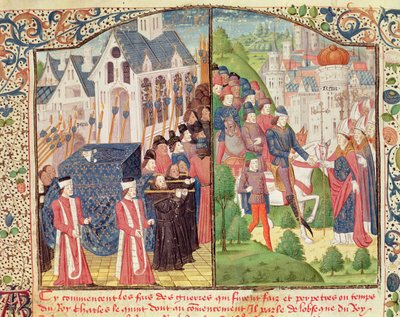 O Funeral de São Luís em Paris em 1270 e A Chegada de Carlos V em Reims em 1364 para ser coroado rei na catedral, a partir de um manuscrito das 