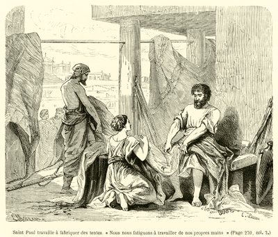 São Paulo trabalha na construção de tendas, "Trabalhamos com as nossas próprias mãos" (gravura) de French School