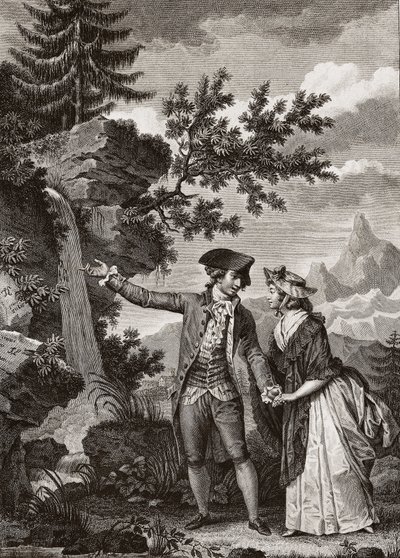 Gravura de São Preux e Julie de 1793 para "Julie ou la nouvelle Heloise" do filósofo suíço Jean Jacques (Jean-Jacques) Rousseau (1712-1778) - Julie e Saint-Preux, ilustração de "La Nouvelle Heloise" de Jean-Jacques Rousseau (1712-78) (gravura) de French School