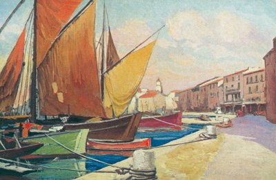 Saint Tropez: Barco à vela no porto (litografia a cores) de French School