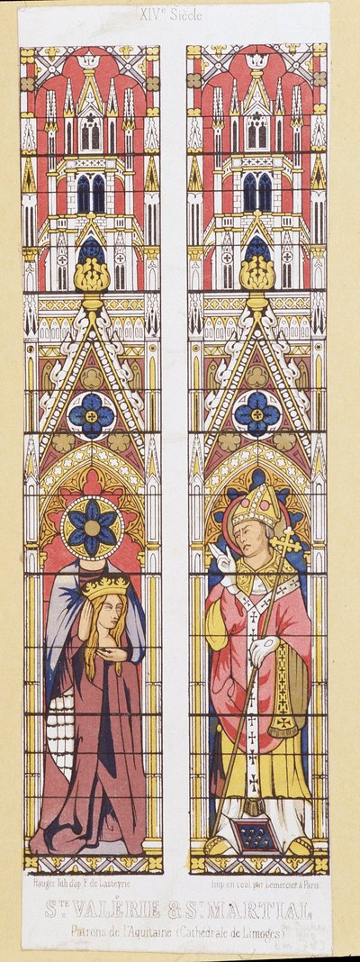 Santa Valerie, virgem e mártir em Limoges (século III) e Santa Marcial, eveque de Limoges (século III), patronos da Aquitânia. Fac-símile reproduzindo os vitrais da Catedral de Limoges. de French School