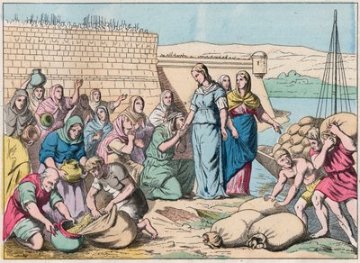 Sainte Genevieve distribui alimentos ao povo durante o cerco de Paris pelo exército dos Hunos de Átila em 451 (invasões bárbaras) - Sainte Genevieve e o povo de Paris - Gravura do final do século XIX em "Nos Gires Nationales - Imagens de French School