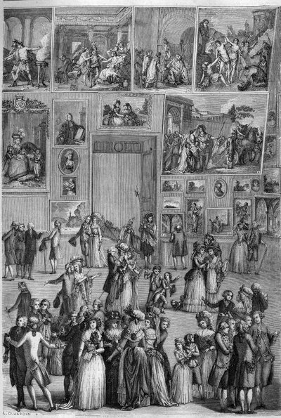 Salon de 1787: vista do Salon Carre do Louvre, durante a exposição de pintura em Paris. Gravura de Martini em "A Loja Pitoresca". de French School