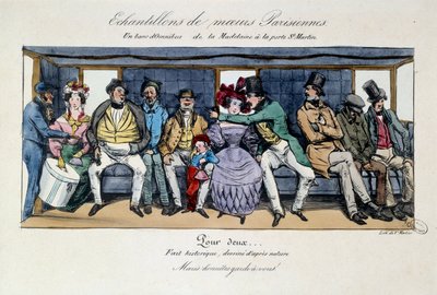 Amostra da moral parisiense: um banco de ônibus da Madeleine no portão de Saint Martin. Estampas do século XIX. Paris, Musee Carnavalet de French School