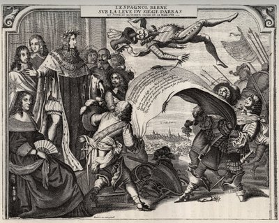 Alegoria satírica sobre o levantamento do cerco de Arras em 1654, após a coroação de Luís XIV (1638-1715). Na parte inferior esquerda está a rainha Ana da Áustria (1601-1666). Ao lado de Luís XIV, e à esquerda do rei, o Cardeal Jules Mazarin (1602-1661). E de French School
