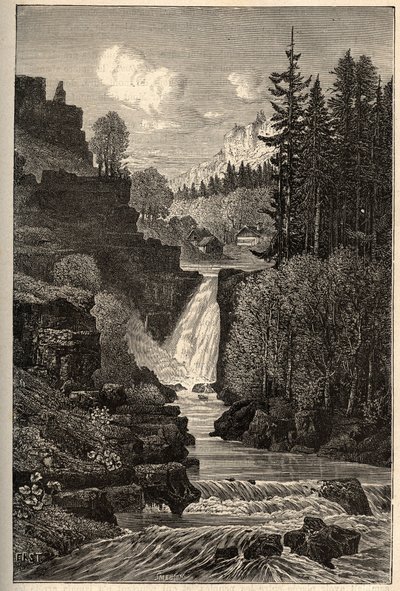 Saut du Doubs (cascata de calhas) Franche-Comte - gravação em "PATRIE" - DESCRIÇÃO PECTURESSE DE LA FRANCE EN 6 VOLUES BY LUCIEN HUARD - final do século XIX de French School
