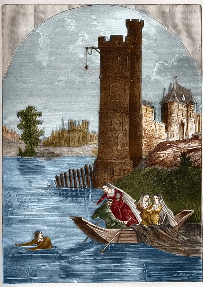 Escândalo (caso) da torre da Nesle: Buridan conseguiu escapar da torre de Nesle em Paris em 1314 apesar da emboscada montada pela Rainha Marguerite de Borgonha (1290-1315). Gravação em "Histoire de la prostitution et de la debauche dans les peuples du g de French School