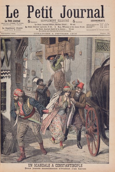 Escândalo em Constantinopla, duas jovens muçulmanas fugindo de um harém, ilustração de &39;Le Petit Journal&39;, 4 de fevereiro de 1906 de French School