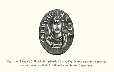 Selo de Childeric I, pai de Clovis, de uma impressão encontrada num manuscrito da biblioteca de Sainte-Genevieve (gravura) de French School