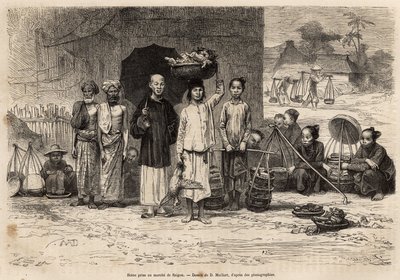 Cena du marche de Saigon, gravada após um desenho de D.Maillard, ilustrando a viagem a Cochinchine, do Dr. Morice, em 1872, publicada em "Le tour du monde" 1875, editada por Edouard Charton, edição Hachette, Paris. Coleção Selva. de French School