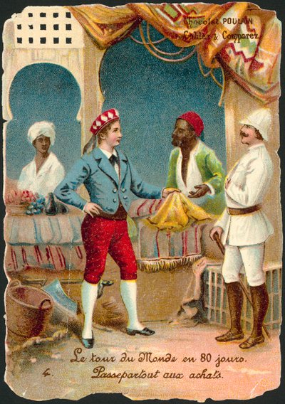 Cena de Around the World in Eighty Days, de Jules Verne (chromolitho) de French School