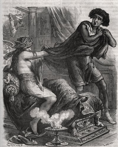 Cena da Bíblia: "Ela agarrou o jovem demasiado virtuoso pela sua túnica". A esposa de Putiphar (Potiphar) tenta seduzir José, um escravo do faraó. Gravura de 1871 em "Histoire Des Cocus Celebres" de Henry de Kock (1819-1892). de French School
