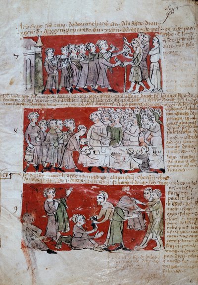 Cena da vida estudantil no Hubant College ou na Ave Maria em Paris Cenas da vida estudantil (refeições, caridade) e regulamentos universitários. Faixas de 7 a 9. Página manuscrita "Livre des statutes du College de Hubant ou de l