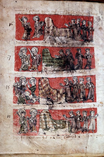 Cena da vida estudantil no Colégio de Hubant ou Ave Maria em Paris Cenas da vida estudantil (representações de evangelistas) e regulamentos do colégio. Bandas 16 a 19. Página manuscrita "Livre des statutes du College de Hubant ou de l