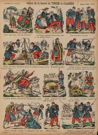 Cenas das guerras coloniais francesas na Argélia e Tunísia (gravura colorida) de French School