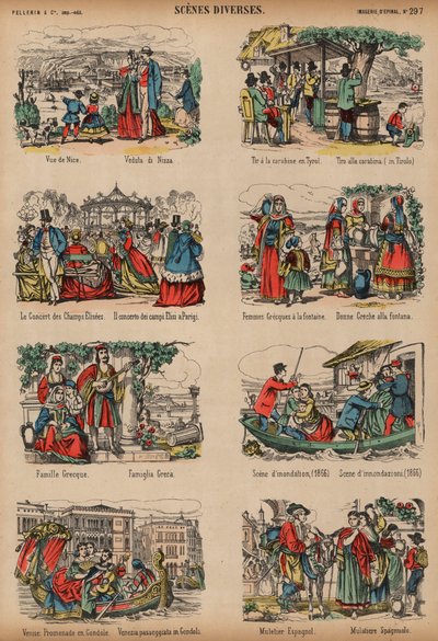 Cenas de vários locais europeus (gravura a cores) de French School