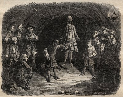 Escola de ladrões criada pelo bandido Louis Dominique Garthausen dit Cartridge (1693-1721) em uma carreira em Paris: um modelo pendurado no teto cujos bolsos devem ser esvaziados sem se mover sob pena de receber uma chuva de tiros - Escola de ladrões de French School
