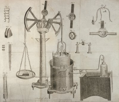Equipamento científico, dos elementos da química por Antoine Laurent de Lavoisier (1743-94) gravado por D. Lizars, 1796 de French School