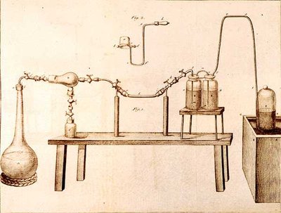 Equipamento científico, dos elementos da química por Antoine Laurent de Lavoisier (1743-94) gravado por D.Lizars, 1796 de French School