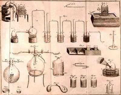 Equipamento científico, dos elementos da química por Antoine Laurent de Lavoisier (1743-94) gravado por D.Lizars, 1796 de French School
