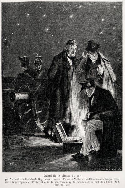 Experiência científica: o cálculo da velocidade do som, por Humboldt, Louis-Joseph Gay-Lussac (Louis Joseph Gay Lussac), Bouvard, Prony e Mathieu, que determinam o tempo decorrido entre a percepção da luz e a de um disparo de arma, na noite de French School