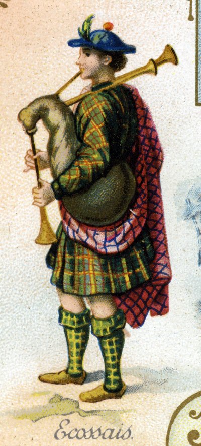 Homem escocês . Edição da litografia parisiense, final do século XIX. Série de 25 cromos publicitários para a fabricação Dijon de Biscoitos Pernot, criada em 1869. Detalhe dos personagens em traje tradicional. de French School