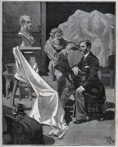 Escultura, oficina de um escultor, foco e escultura de um busto. Gravura a partir de 1880 em "Les arts et metiers illustres" de Adolphe BITARD. de French School