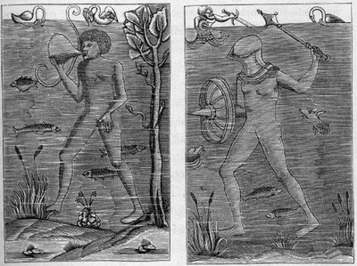 Soldado do mar: o mergulhador e o homem de armas. Gravuras de figuras de madeira do século XVI. Em "La Marine et les colonies: comércio". de French School