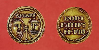 Selo com as cabeças de São Paulo e São Pedro, de uma bula do Papa Bonifácio VIII, reto e verso, 1295 (cera) de French School
