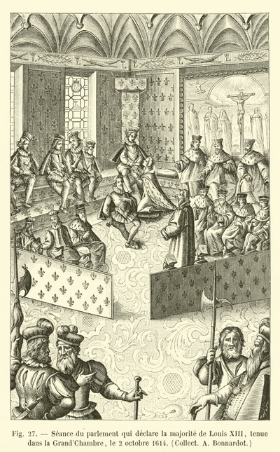 Sessão do Parlamento que declara a maioria de Luís XIII, realizada na Grande Câmara, em 2 de outubro de 1614, Coleta A Bonnardot de French School