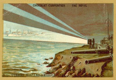 Projectores de uma bateria em terra iluminando uma frota de navios de guerra, Guerra Hispano-Americana de French School