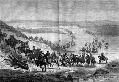 Guerra de Secessão (1861-1865) ou Guerra Civil Americana: atravessando o Potomac pela cavalaria sulista do General Stuart. Gravura em "Le Monde Illustré" n°293 de 22 de novembro de French School