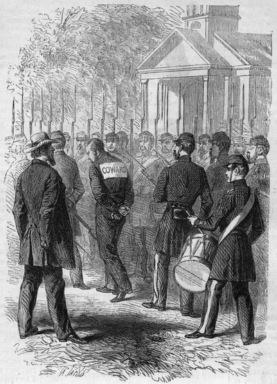Guerra de Secessão (1861-1865) ou Guerra Civil Americana: punição de um soldado da arma do norte acusado de hete em combate. Com as mãos atadas, um sinal de "dor" nas costas, ele atravessa o acampamento ao som do tambor. Gravação em "Le Monde Illustré" n° de French School