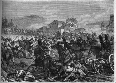 Segunda Coligação (1798-1800): Batalha de Stockach em 3 de Maio de 1800 contra a França e Áustria - Gravura de 1865 no "Histoire du Consulate et de l