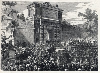 Segunda coligação: a Batalha de Hohenlinden (perto de Munique, Alemanha) em 12 de Frimaire ano IX (3 de Dezembro de 1800) entre as tropas francesas do General Jean Victor (Jean-Victor) Moreau e as forças austríacas e bávaras comandadas pelo Arquiduque Jean de French School