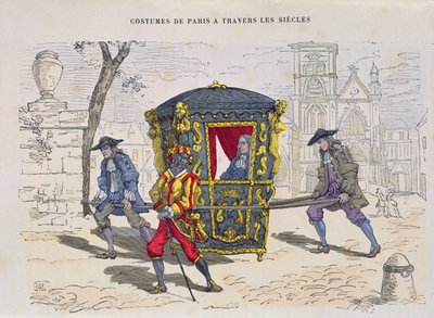 Sedan cadeira no século XVI, de trajes de Paris um Travers les Siecles, publicado de 1887 (gravura a cores) de French School