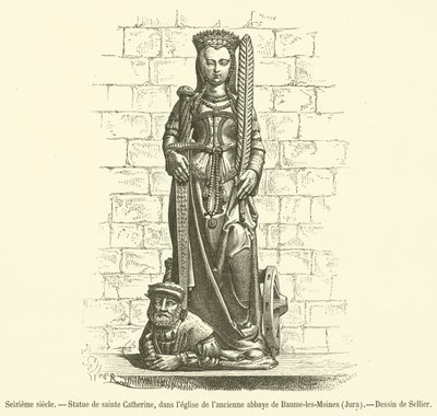 Século XVI, estátua de Santa Catarina, na igreja da antiga abadia de Baume-les-Moines, Jura (gravura) de French School
