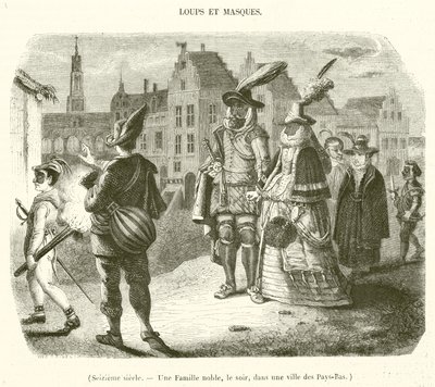 Século XVI, Uma família nobre, à noite, numa cidade dos Países Baixos (gravura) de French School