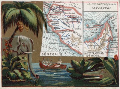 Senegal, Mayotte, Ile de Sainte Marie, Nossi Be (Nossi-be ou Nosy-be ou Nosy be), África. Elefante, crocodilo e barco em um rio. Série sobre as colónias francesas. Chromolitografia (Chromo) "o fio geográfico", por volta de 1920. Colecção privada. de French School