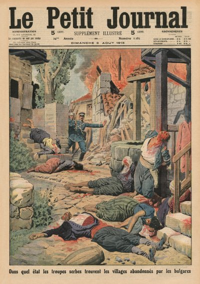 Tropas sérvias chegando às aldeias abandonadas pelos búlgaros, ilustração da capa do &39;Le Petit Journal&39;, suplemento ilustrativo, 3 de agosto de 1913 de French School