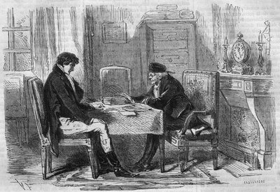 Romance da série: "Ricos e pobres" de Emile Souvestre (1806-1854). Dois homens falando: "Scruples nunca torturaram ninguém." Gravação em "Les bons romances". de French School