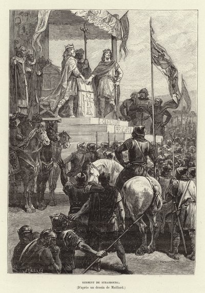 Serment de Strasbourg. Juramentos de Estrasburgo, a aliança entre Luís o Alemão e Carlos o Careca, Reis do Oriente e da França Ocidental, 842 (gravura) de French School