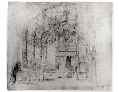 Cenário para a primeira produção de Angelo, tirano de Padoue por Victor Hugo (1802-85), 1835 (caneta e tinta sobre papel) de French School