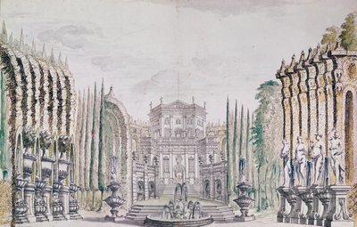 Cenografia de um palácio para um teatro, c.1660-80 (caneta e tinta e wc no papel) de French School