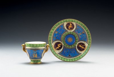 Sèvres bleu celeste e xícara e pires de duas alças verde-claro moído, 1790 de French School