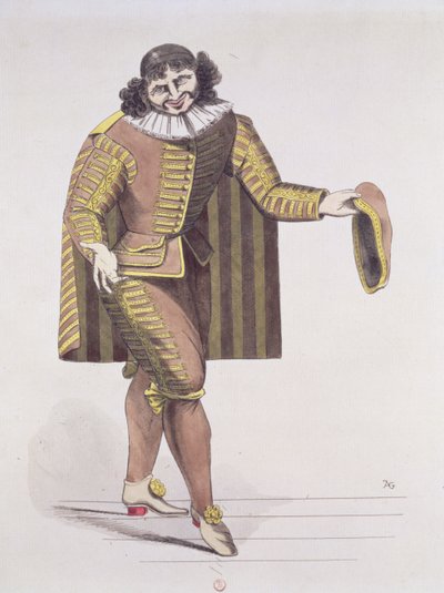Sganarelle em LEcole des Maris por Molière, estreou em 24 de junho de 1661 no Palais-Royal Theatre, em Paris (caneta, tinta e wc no papel) de French School