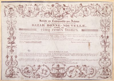 Certificado de ações por 500 francos para o Bazar Bonne-Nouvelle, 1836 de French School