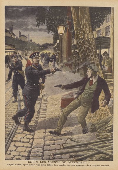 Shootout entre a polícia e os criminosos numa rua de Paris (cor litho) de French School